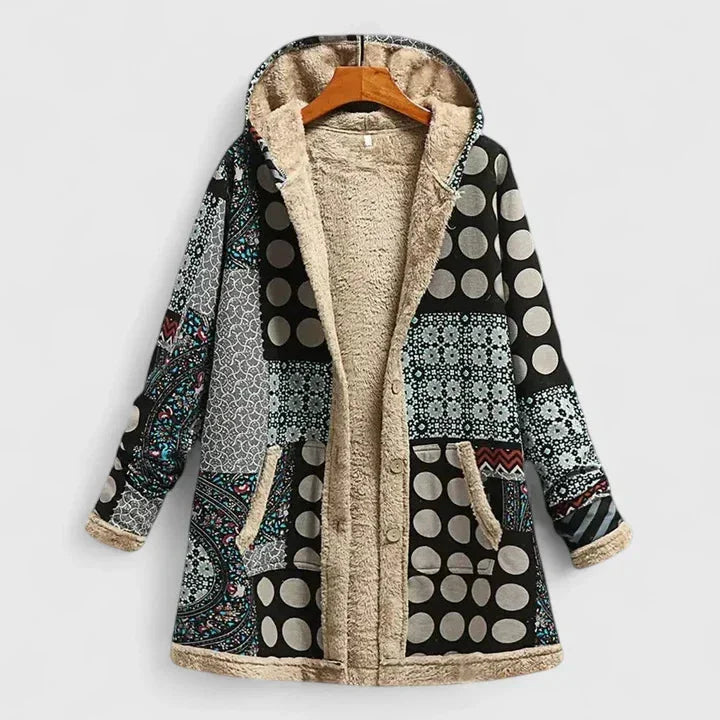 Women's floral zip-up hood parka with sherpa lining – Black Grey