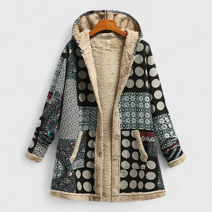 Women's floral zip-up hood parka with sherpa lining – Black Grey