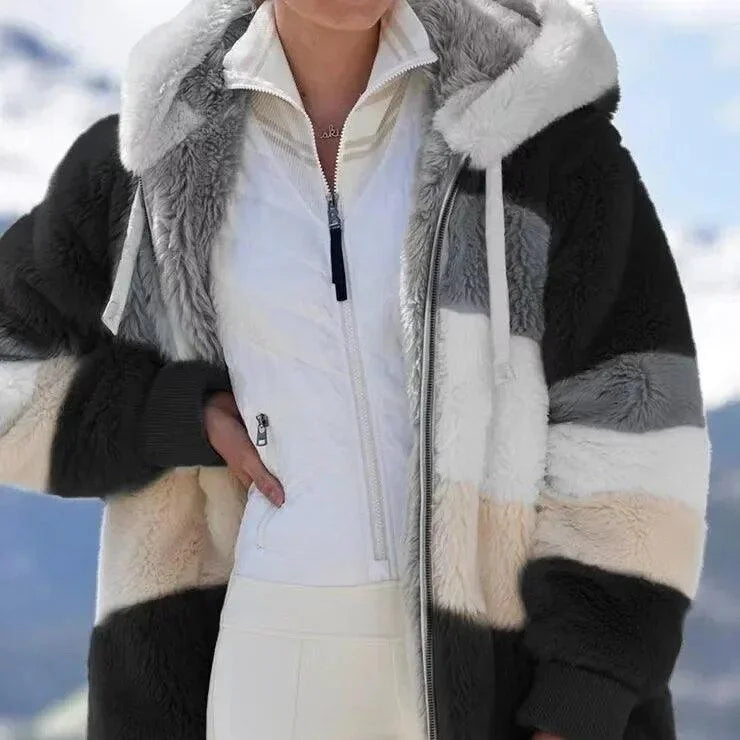 Women's colourblock borg zip-up long coat with ribbed cuffs – Black Stripes