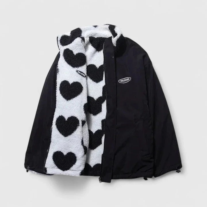 Women's reversible borg zip-up fleece jacket – Black White