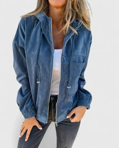 Women's corduroy zip-up hood jacket with elasticated cuffs and hem – Blue