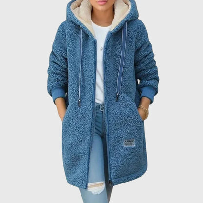 Women's borg zip-up hood long coat with drawstring – Blue
