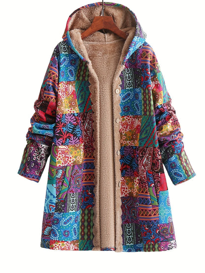 Women's borg button-front hood parka with patchwork print – Blue