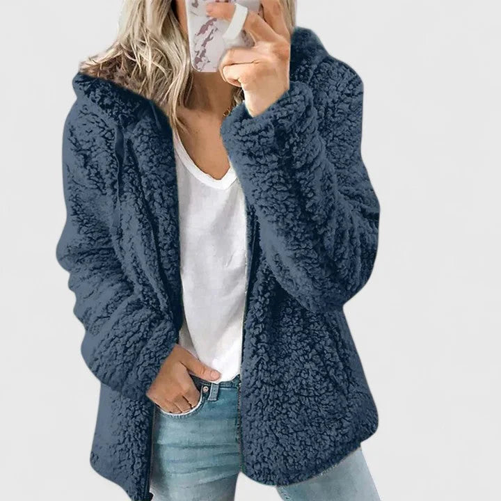 Women's borg zip-up hood long coat with sherpa fleece – Blue