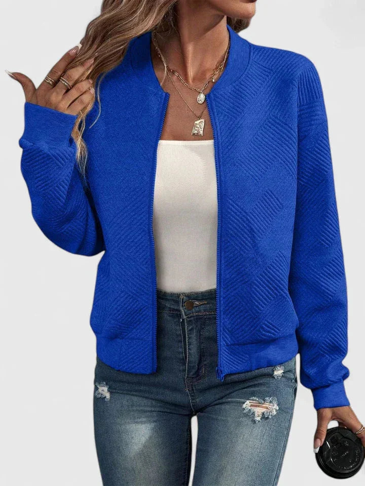 Women's knit zip-up stand collar bomber jacket with chevron textured – Blue