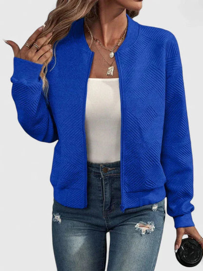 Women's knit zip-up stand collar bomber jacket with chevron textured – Blue