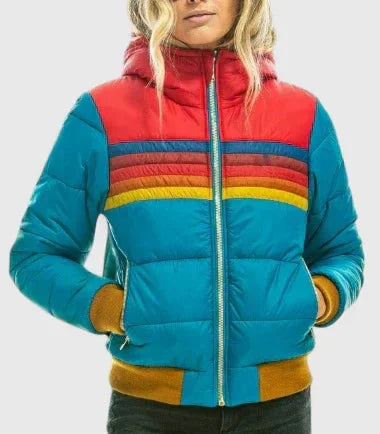 Women's striped quilted zip-up puffer jacket with rainbow stripes – Blue