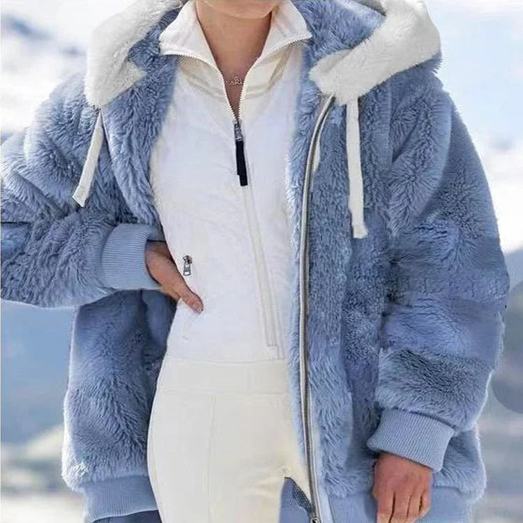 Women's colourblock borg zip-up long coat with ribbed cuffs – Blue