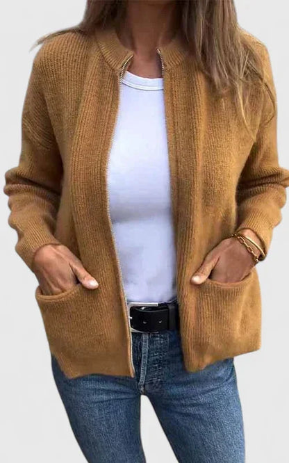 Women's ribbed zip-up stand collar cardigan with front patch pockets – Brown