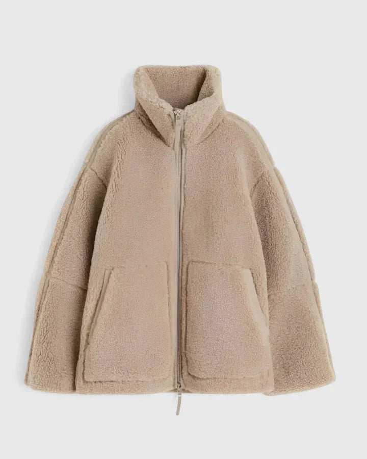 Women's borg zip-up stand collar fleece jacket – Brown