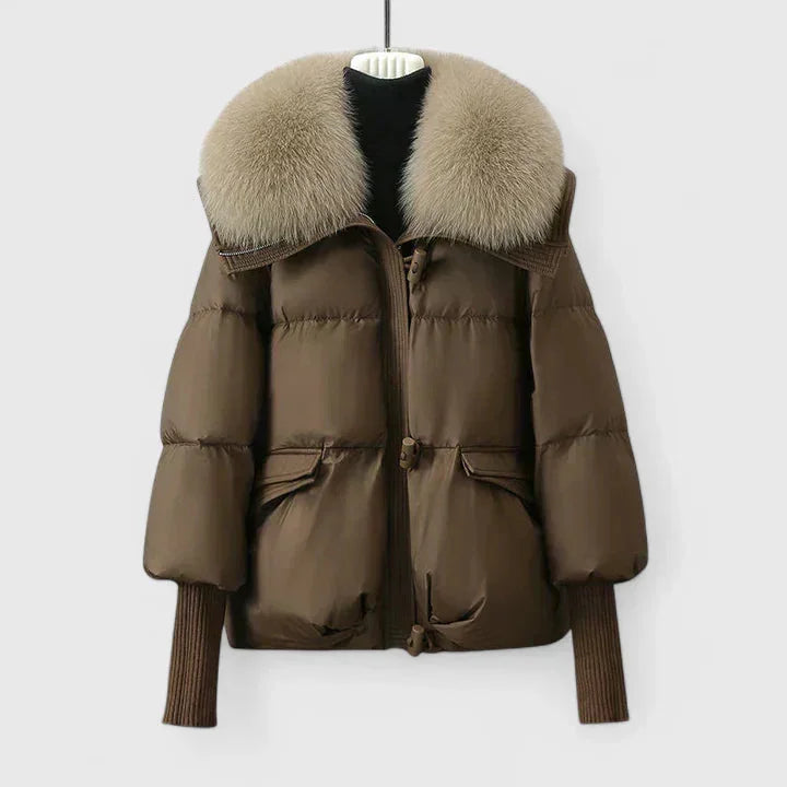Women's quilted toggle collared puffer jacket with faux fur – Brown