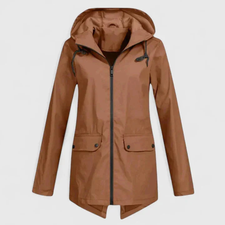 Women's zip-up hood parka with flap pockets – Brown