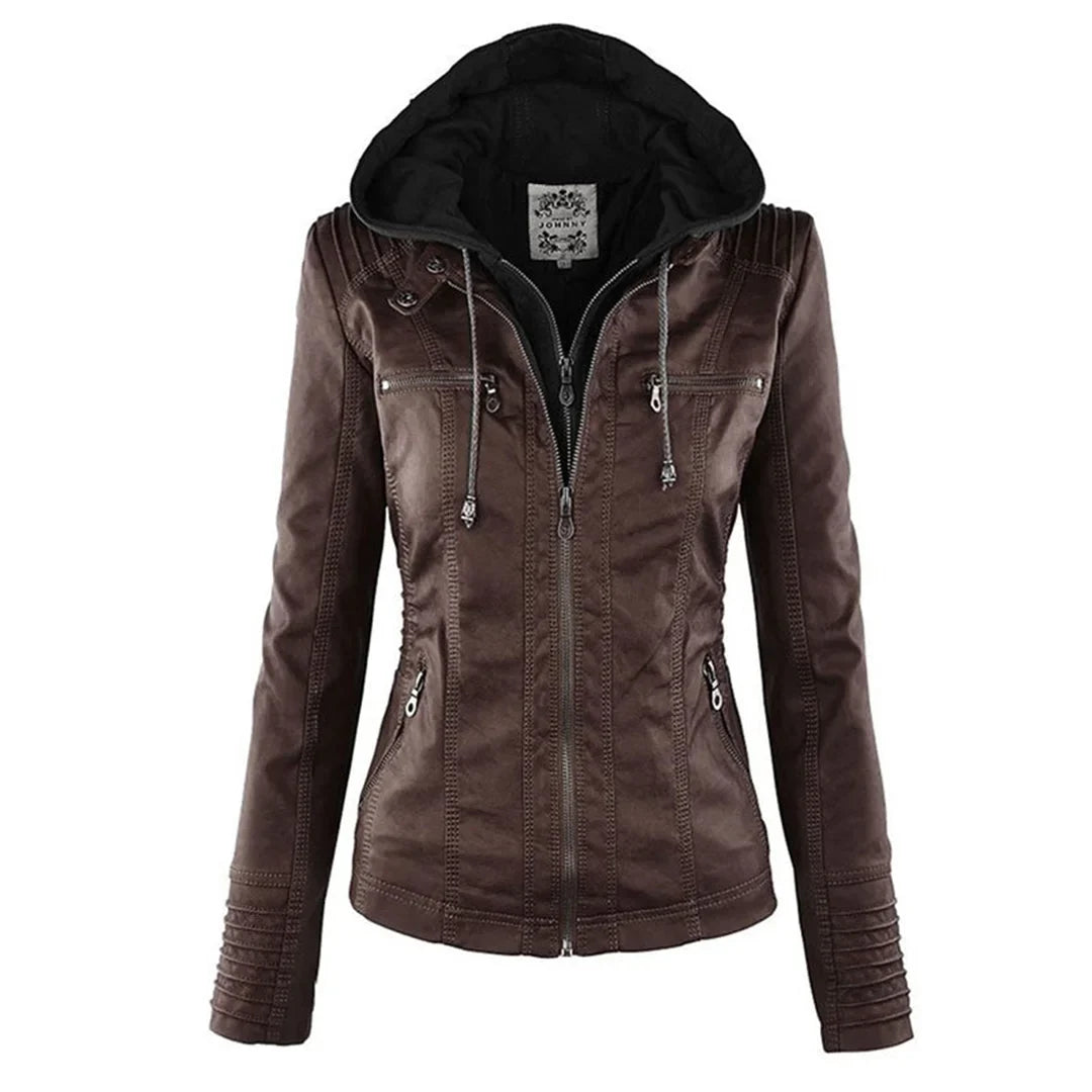 Women's zip-up hood leather jacket with zippered pockets – Brown