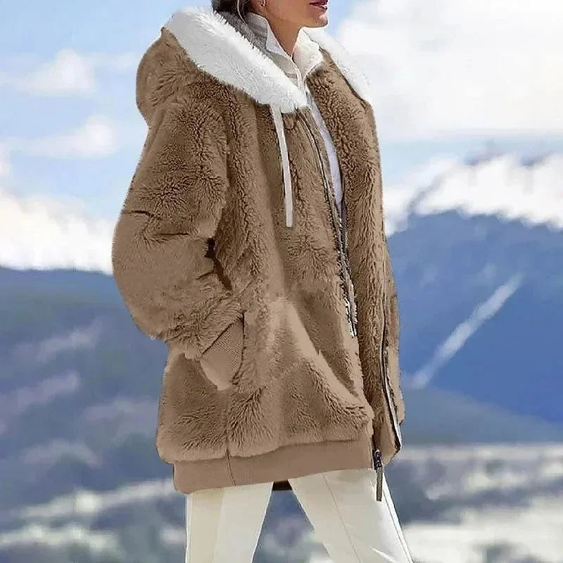 Women's colourblock borg zip-up long coat with ribbed cuffs – Brown