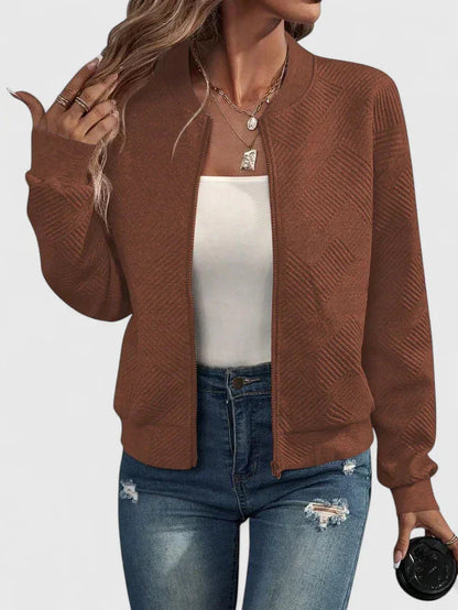 Women's knit zip-up stand collar bomber jacket with chevron textured – Caramel Brown