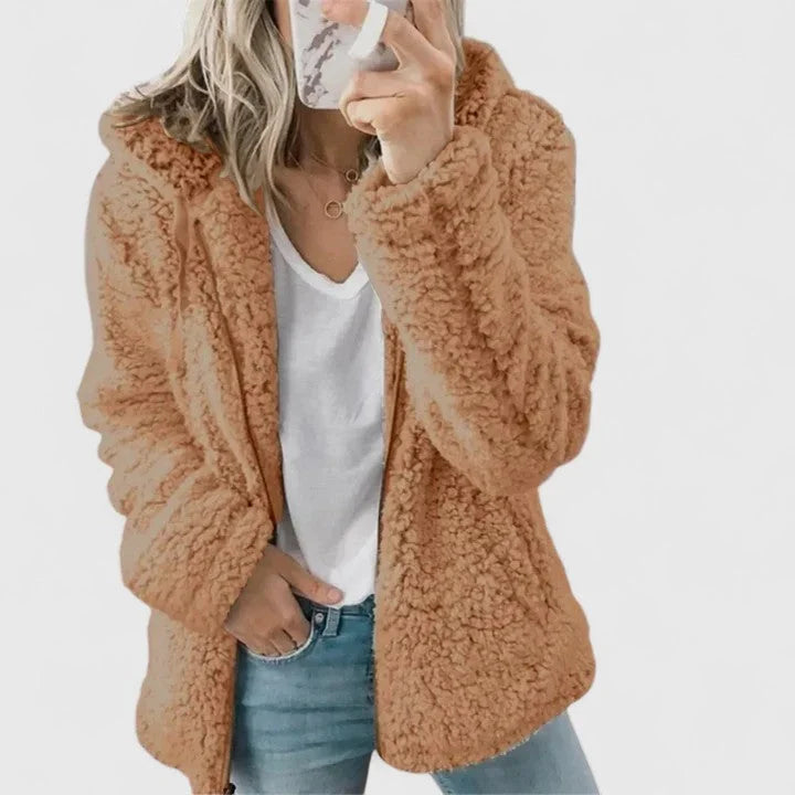 Women's borg zip-up hood long coat with sherpa fleece – Coffee