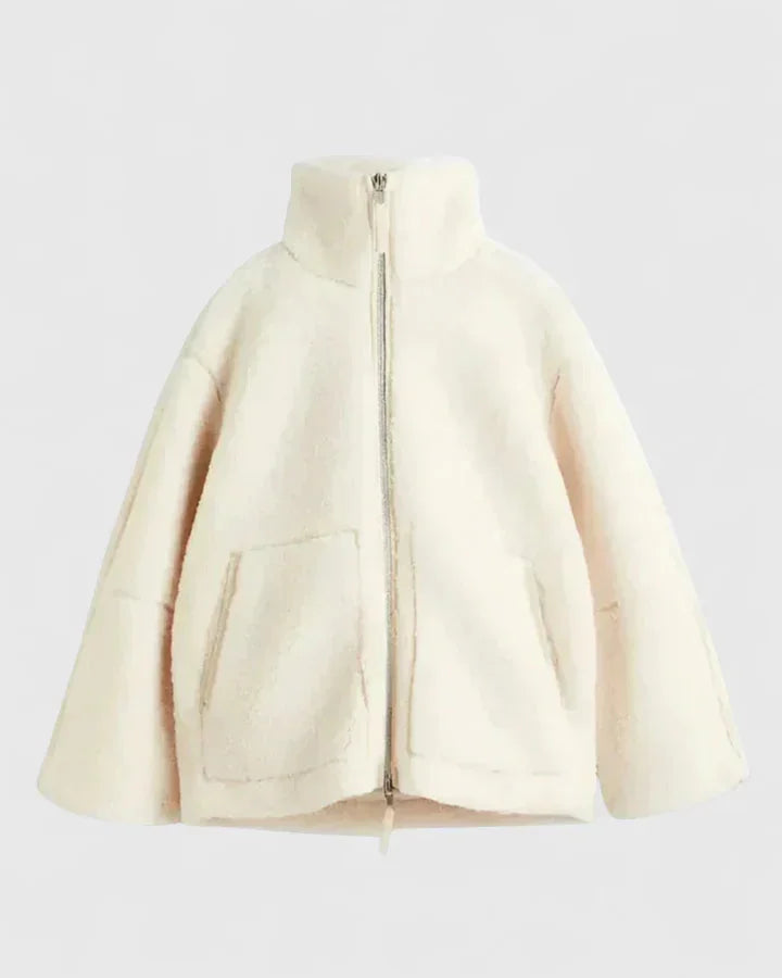 Women's borg zip-up stand collar fleece jacket – Cream
