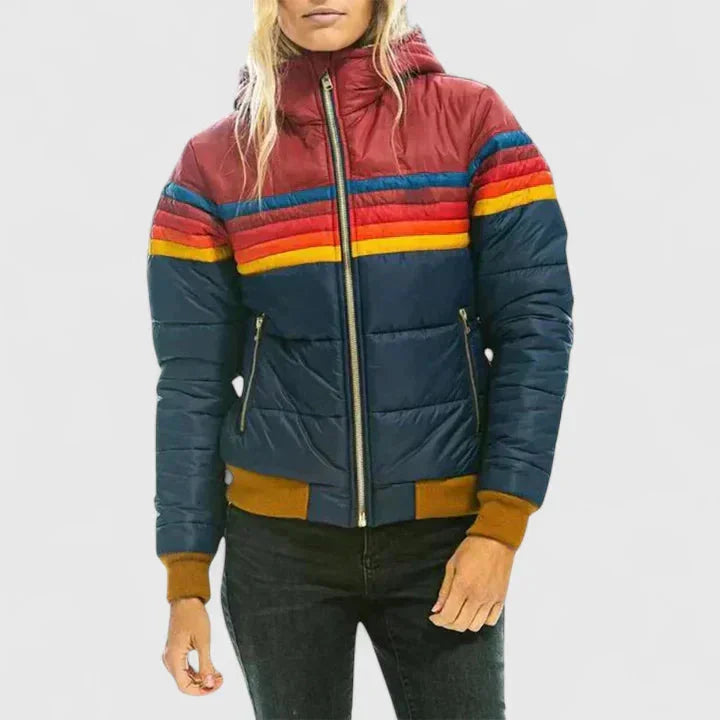 Women's striped quilted zip-up puffer jacket with rainbow stripes – Dark Blue