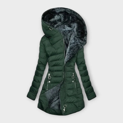 Women's quilted zip-up hood puffer coat with faux fur lining – Dark Green