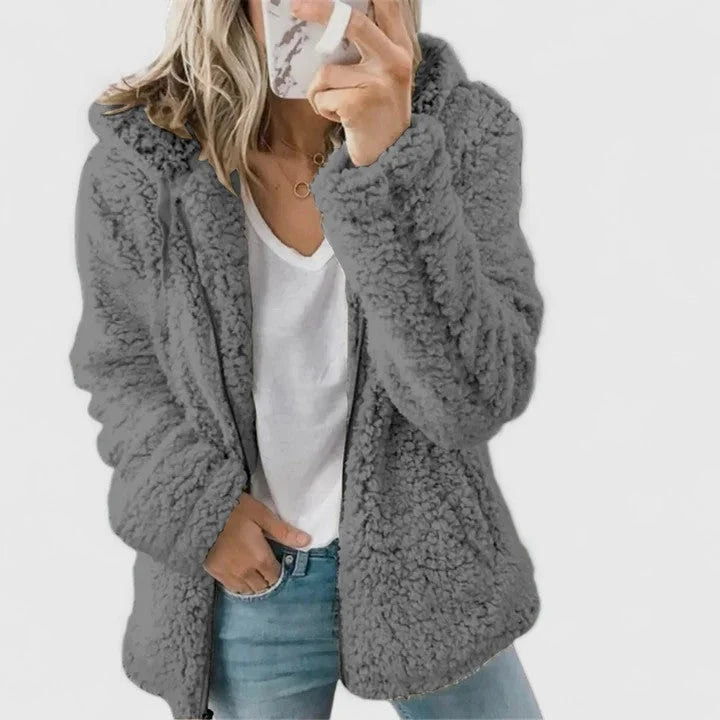 Women's borg zip-up hood long coat with sherpa fleece – Dark Grey