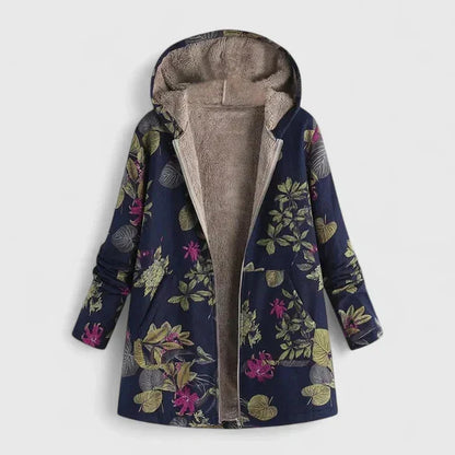 Women's floral zip-up hood parka with sherpa lining – Deep Blue