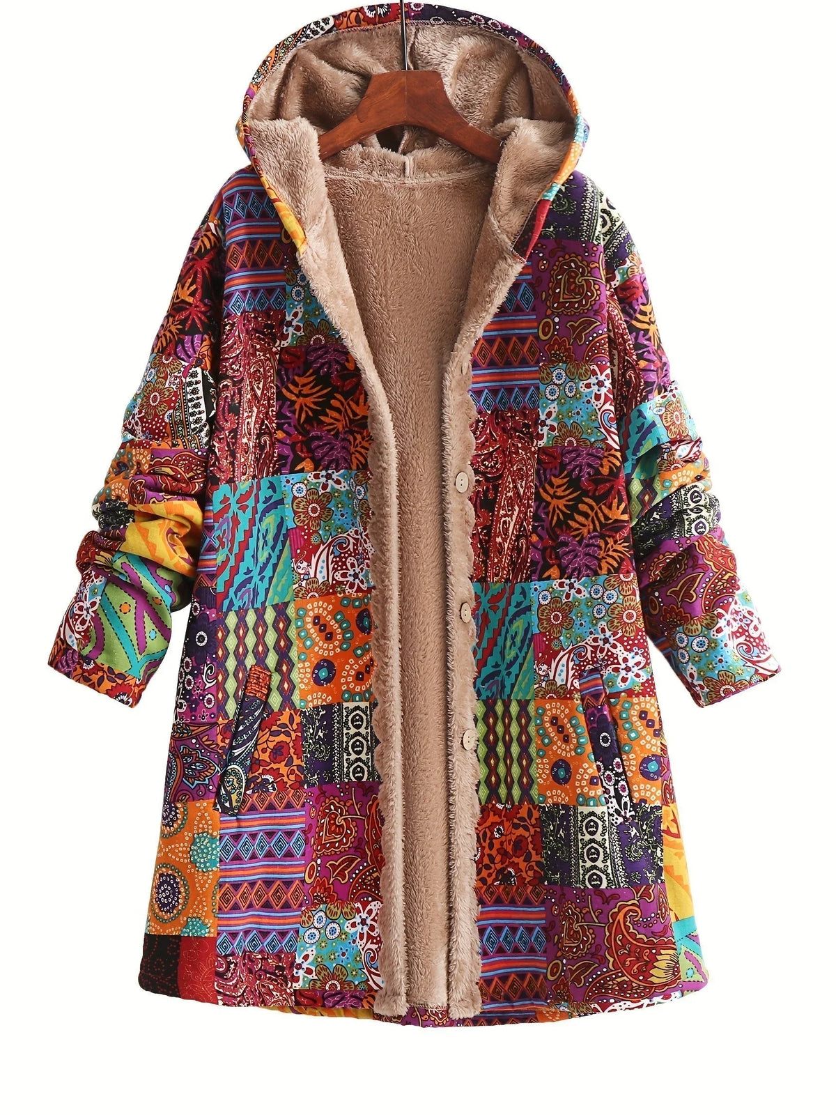 Women's borg button-front hood parka with patchwork print – Ginger