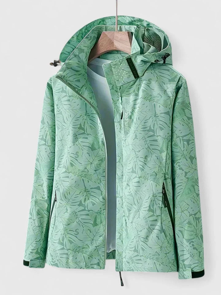 Women's zip-up hood jacket with leaf print – Green