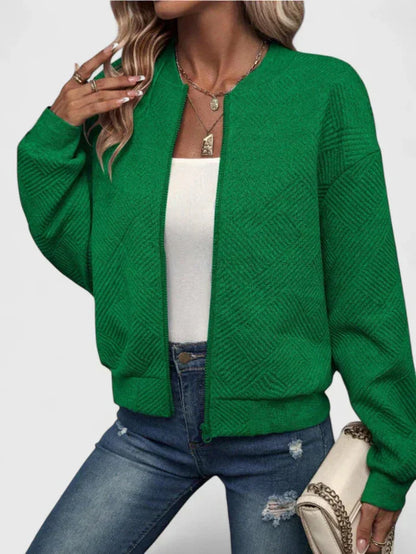 Women's knit zip-up stand collar bomber jacket with chevron textured – Green