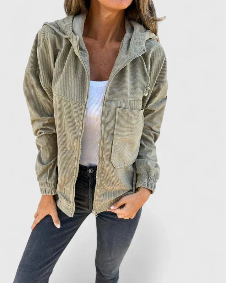 Women's corduroy zip-up hood jacket with elasticated cuffs and hem – Green