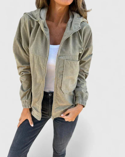 Women's corduroy zip-up hood jacket with elasticated cuffs and hem – Green