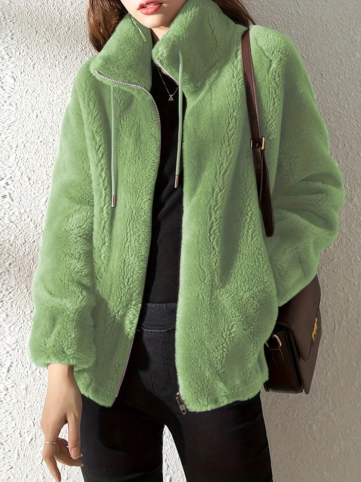 Women's borg zip-up stand collar jacket with drawstring – Green
