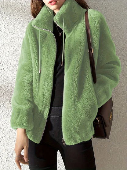 Women's borg zip-up stand collar jacket with drawstring – Green