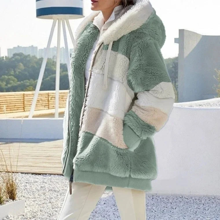 Women's colourblock borg zip-up long coat with ribbed cuffs – Green Stripes