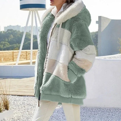 Women's colourblock borg zip-up long coat with ribbed cuffs – Green Stripes