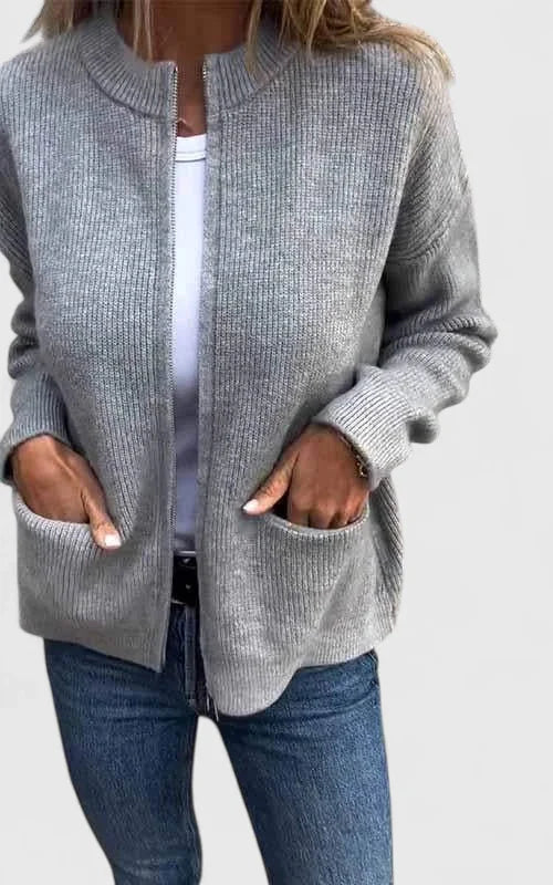 Women's ribbed zip-up stand collar cardigan with front patch pockets – Grey