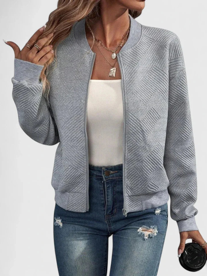 Women's knit zip-up stand collar bomber jacket with chevron textured – Grey