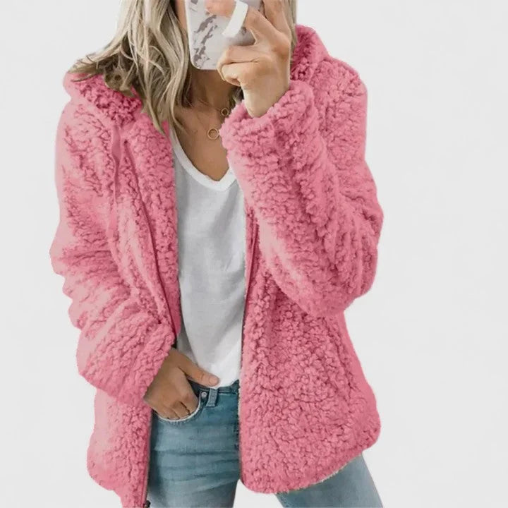 Women's borg zip-up hood long coat with sherpa fleece – Hot Pink