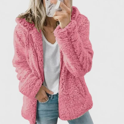 Women's borg zip-up hood long coat with sherpa fleece – Hot Pink