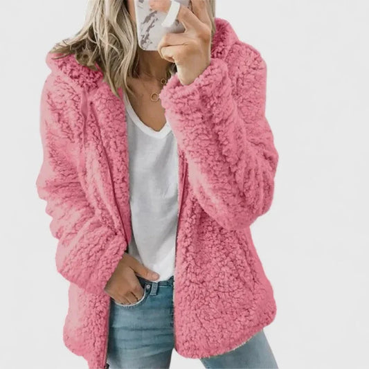 Women's borg zip-up hood long coat with sherpa fleece – Hot Pink