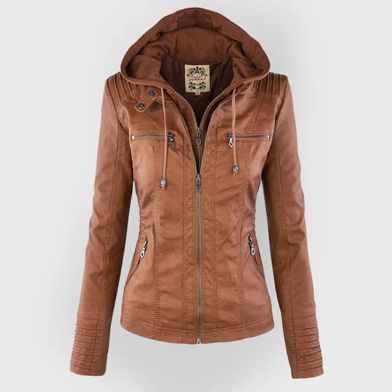 Women's zip-up hood leather jacket with zippered pockets – Khaki