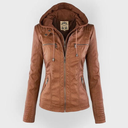Women's zip-up hood leather jacket with zippered pockets – Khaki