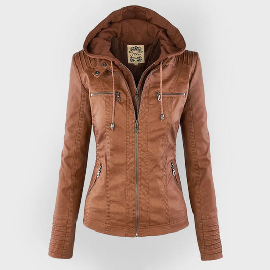 Women's zip-up hood leather jacket with zippered pockets – Khaki