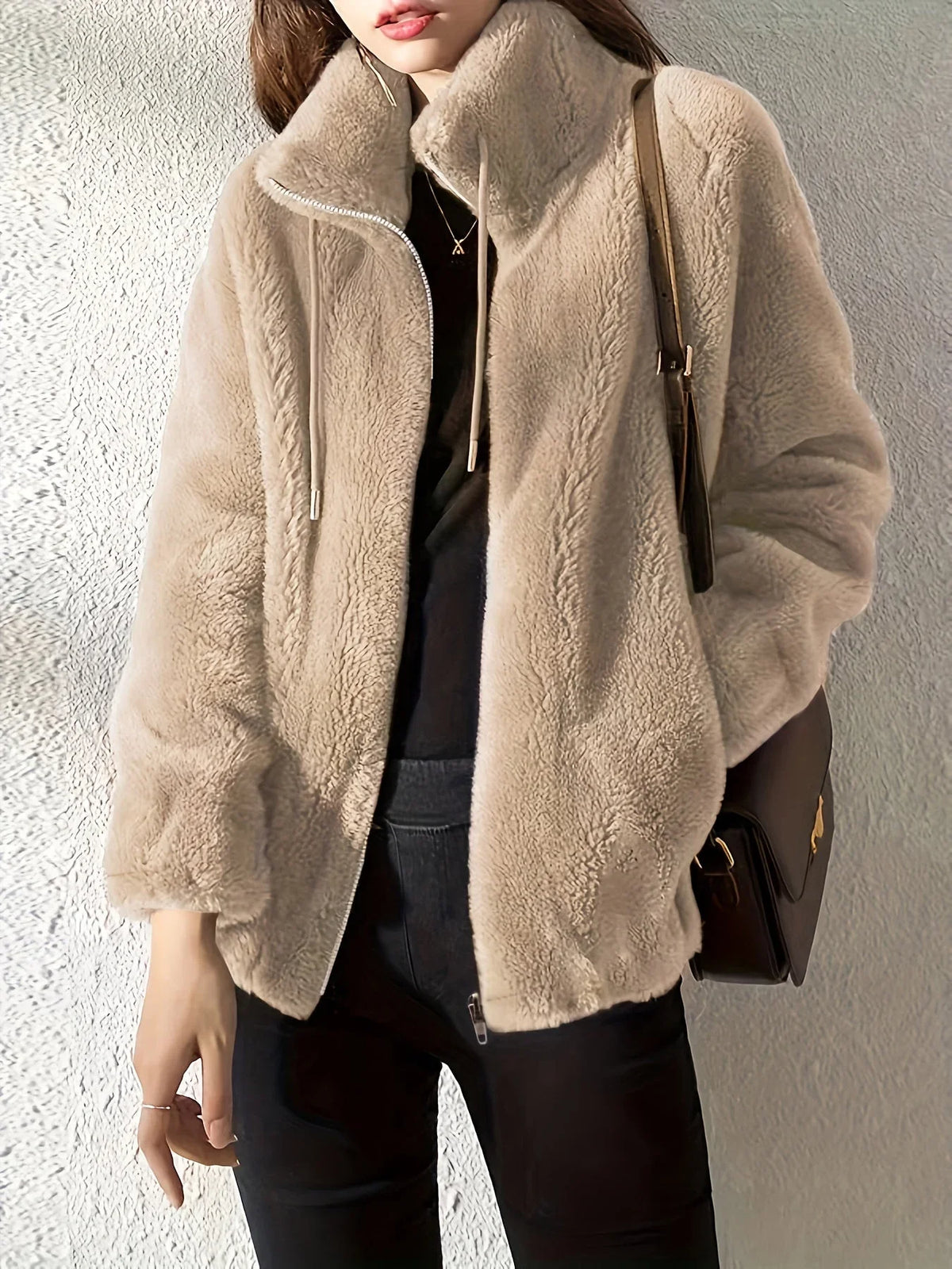 Women's borg zip-up stand collar jacket with drawstring – Khaki