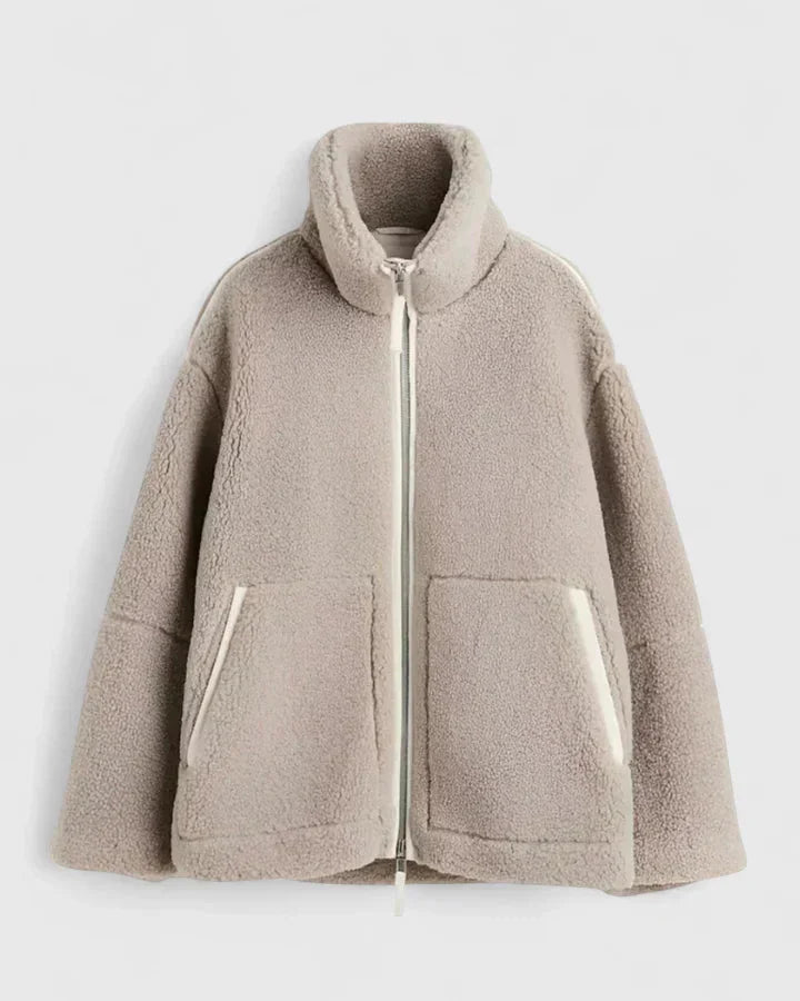 Women's borg zip-up stand collar fleece jacket – Light Brown