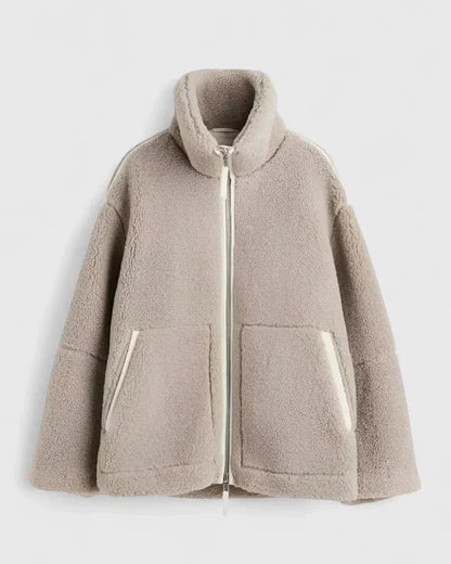 Women's borg zip-up stand collar fleece jacket – Light Brown