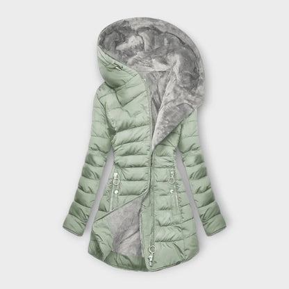 Women's quilted zip-up hood puffer coat with faux fur lining – Light Green