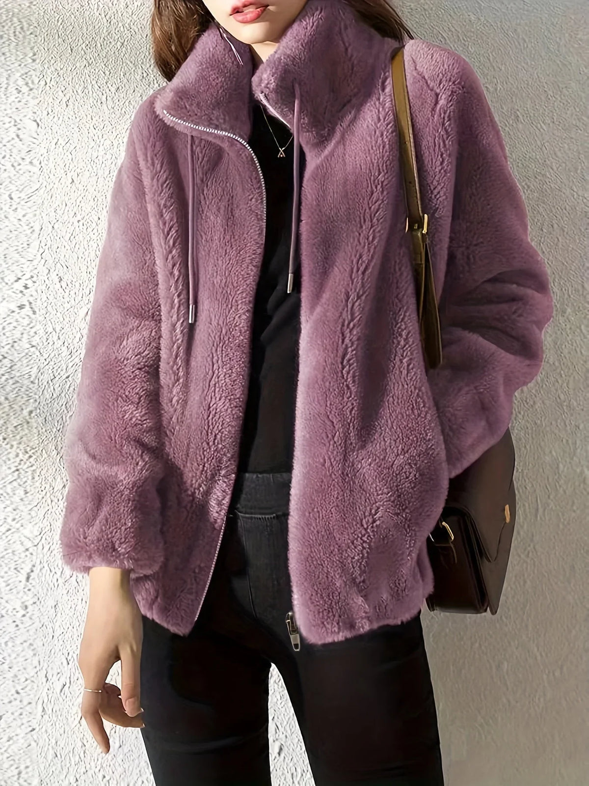 Women's borg zip-up stand collar jacket with drawstring – Light Purple