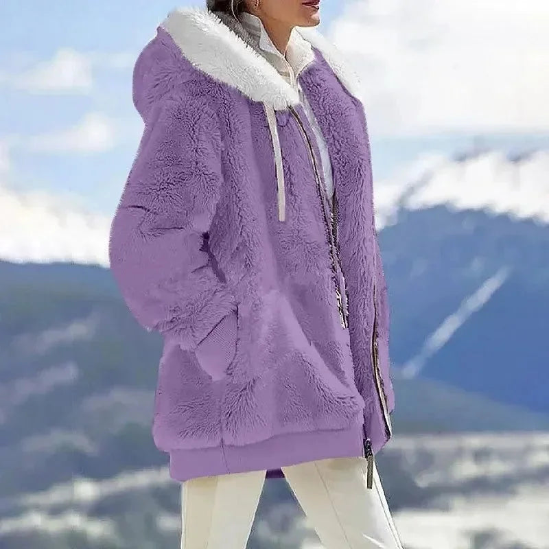 Women's colourblock borg zip-up long coat with ribbed cuffs – Lilac