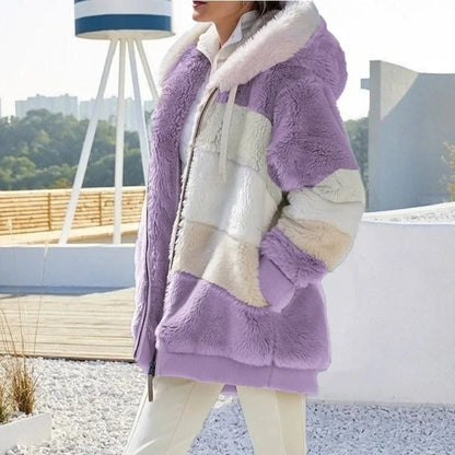 Women's colourblock borg zip-up long coat with ribbed cuffs – Lilac Stripes