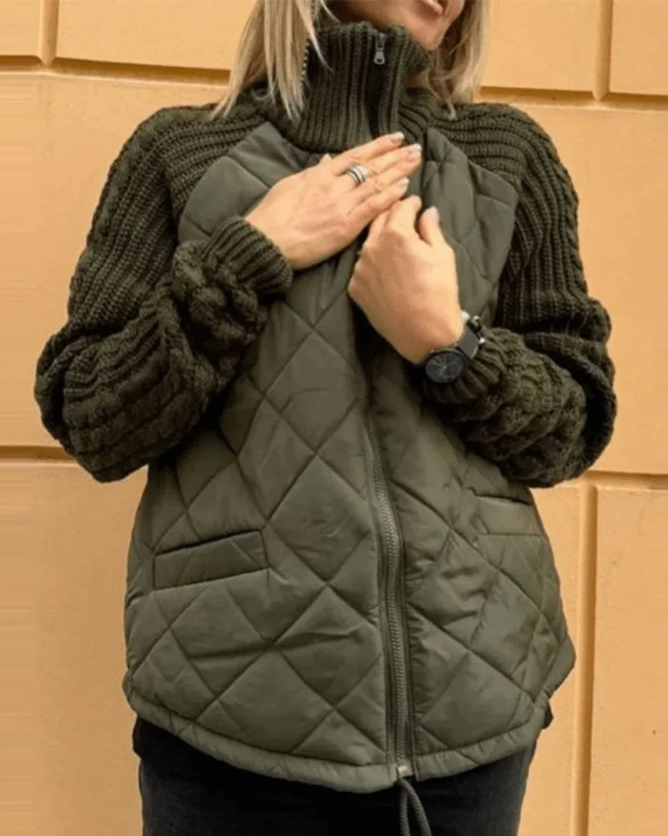 Women's quilted zip-up stand collar puffer jacket – Olive Green